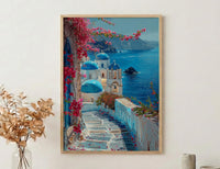 Santorini Wall Art, Greece Travel Print, Blue Domes, Impasto Oil Painting, Summer Romance, Honeymoon Gift, Greek Island Decor