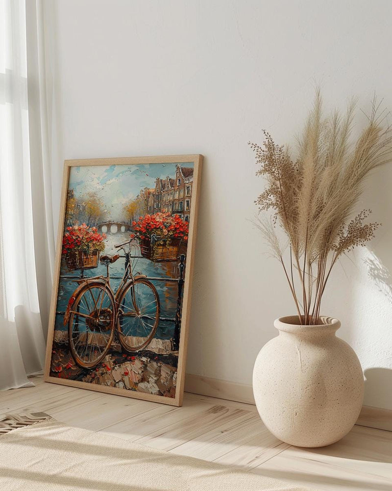 Amsterdam Wall Art, Vintage Bicycle Print, Canal House Decor, Impasto Oil Painting, Tulips Art, Travel Gift, Netherlands