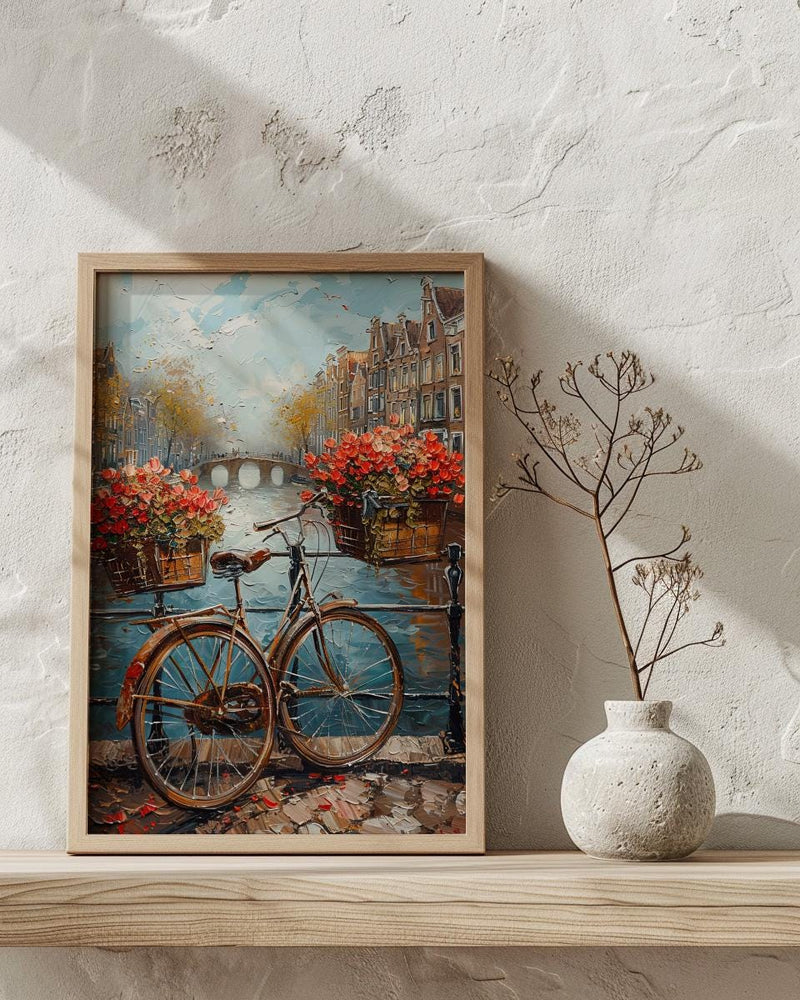 Amsterdam Wall Art, Vintage Bicycle Print, Canal House Decor, Impasto Oil Painting, Tulips Art, Travel Gift, Netherlands