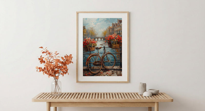Amsterdam Wall Art, Vintage Bicycle Print, Canal House Decor, Impasto Oil Painting, Tulips Art, Travel Gift, Netherlands