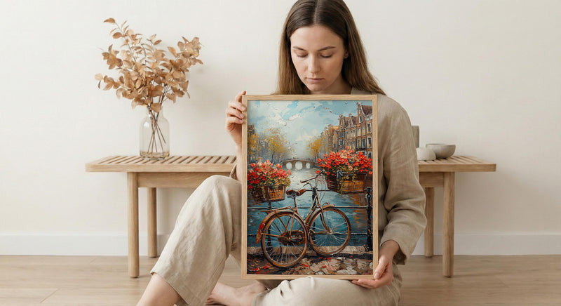 Amsterdam Wall Art, Vintage Bicycle Print, Canal House Decor, Impasto Oil Painting, Tulips Art, Travel Gift, Netherlands