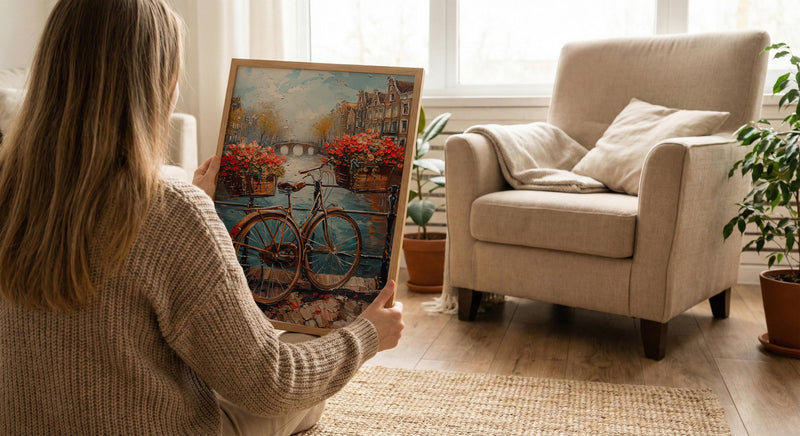 Amsterdam Wall Art, Vintage Bicycle Print, Canal House Decor, Impasto Oil Painting, Tulips Art, Travel Gift, Netherlands