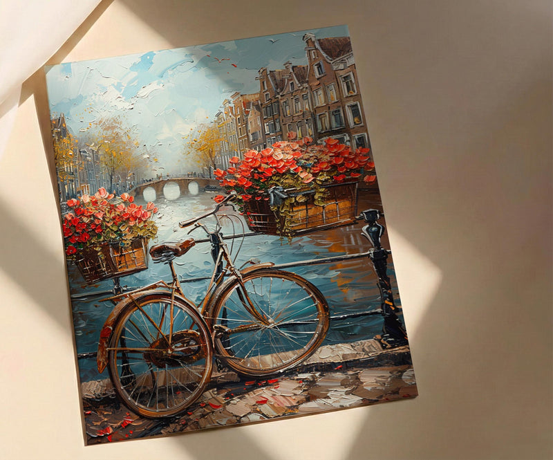 Amsterdam Wall Art, Vintage Bicycle Print, Canal House Decor, Impasto Oil Painting, Tulips Art, Travel Gift, Netherlands
