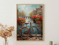 Amsterdam Wall Art, Vintage Bicycle Print, Canal House Decor, Impasto Oil Painting, Tulips Art, Travel Gift, Netherlands