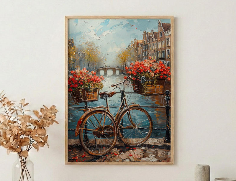Amsterdam Wall Art, Vintage Bicycle Print, Canal House Decor, Impasto Oil Painting, Tulips Art, Travel Gift, Netherlands