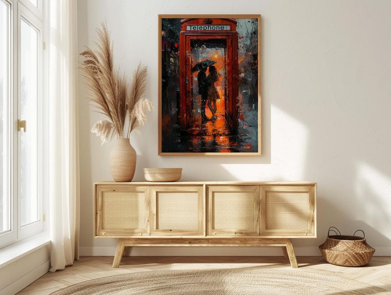 London Wall Art, Red Phone Booth, Rainy City Print, Impasto Oil Painting, UK Travel Decor, Romantic Couple Art, British Style