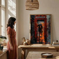 London Wall Art, Red Phone Booth, Rainy City Print, Impasto Oil Painting, UK Travel Decor, Romantic Couple Art, British Style