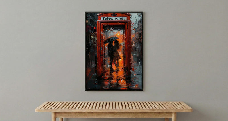 London Wall Art, Red Phone Booth, Rainy City Print, Impasto Oil Painting, UK Travel Decor, Romantic Couple Art, British Style