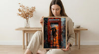 London Wall Art, Red Phone Booth, Rainy City Print, Impasto Oil Painting, UK Travel Decor, Romantic Couple Art, British Style