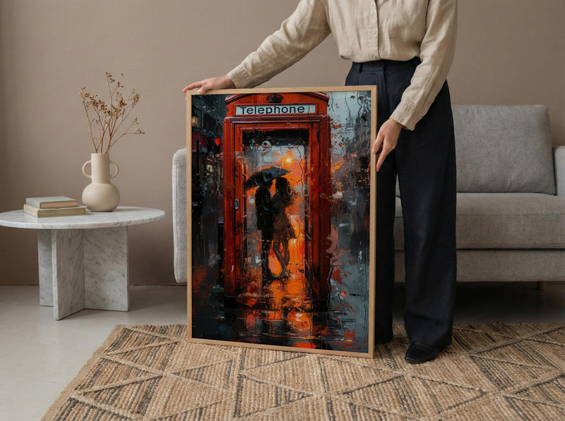 London Wall Art, Red Phone Booth, Rainy City Print, Impasto Oil Painting, UK Travel Decor, Romantic Couple Art, British Style