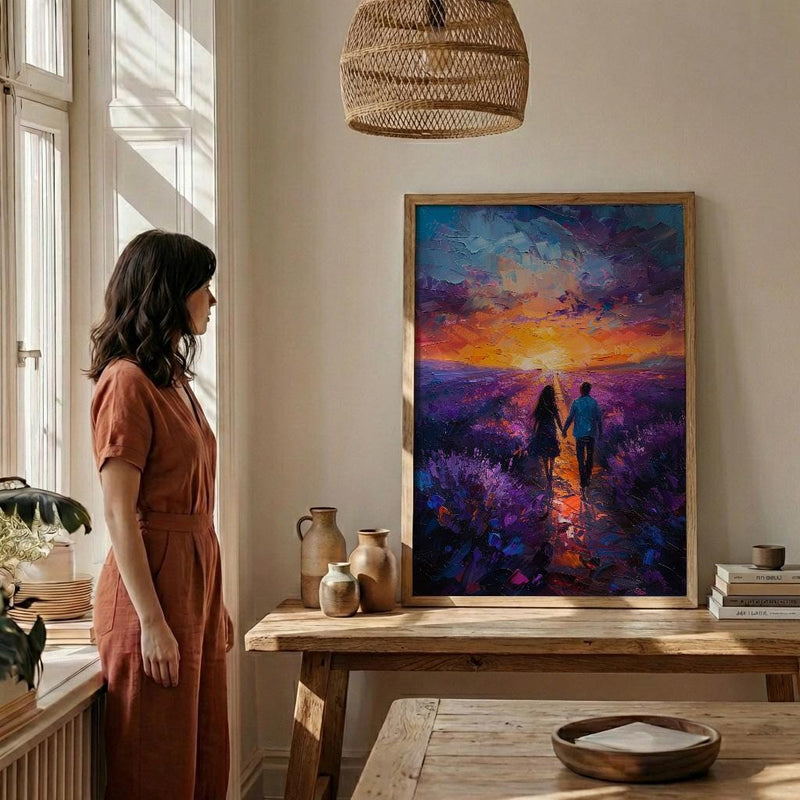 Provence Wall Art, Lavender Field Print, French Country Decor, Impasto Oil Painting, Sunset Landscape, Purple Wall Art, Romantic