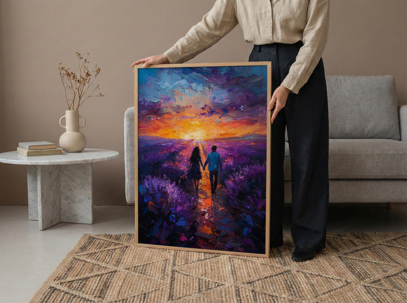 Provence Wall Art, Lavender Field Print, French Country Decor, Impasto Oil Painting, Sunset Landscape, Purple Wall Art, Romantic