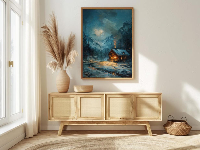 Winter Cabin Art, Switzerland Landscape, Snowy Mountain Print, Impasto Oil Painting, Cozy Home Decor, Christmas Gift, Chalet