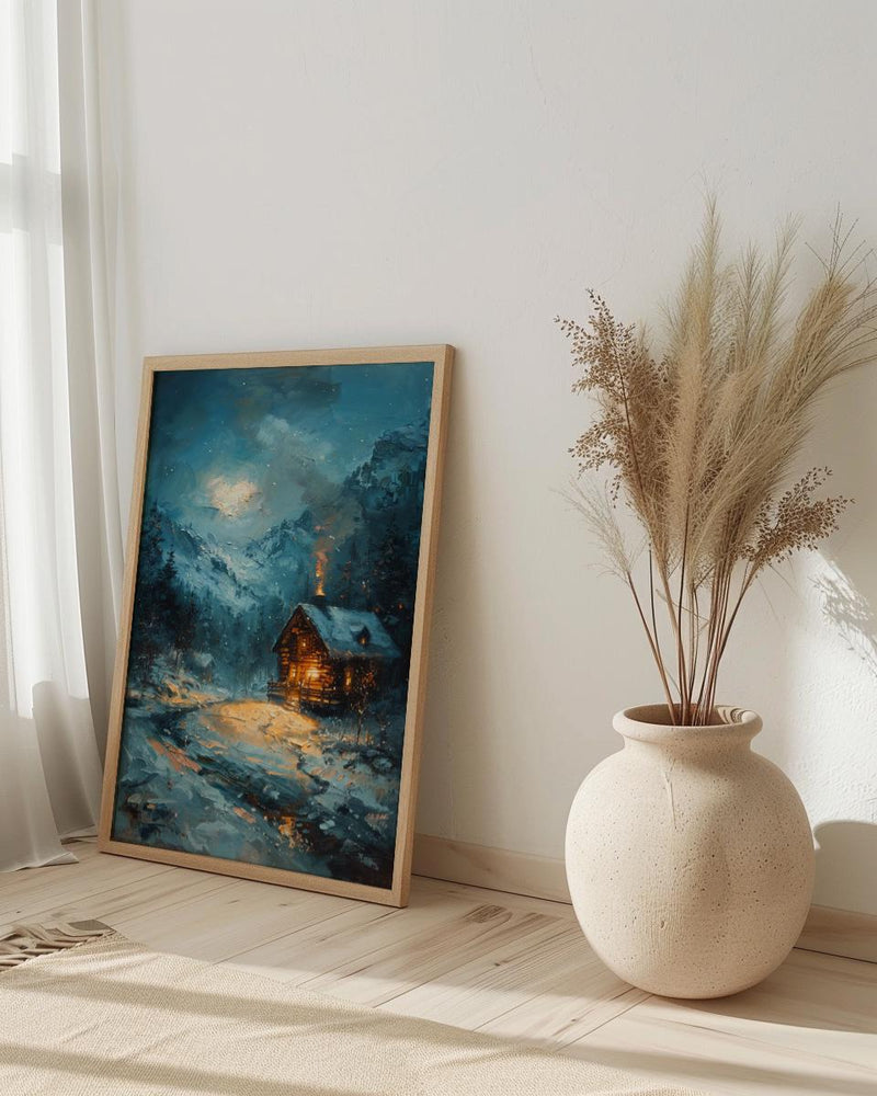 Winter Cabin Art, Switzerland Landscape, Snowy Mountain Print, Impasto Oil Painting, Cozy Home Decor, Christmas Gift, Chalet