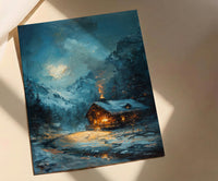 Winter Cabin Art, Switzerland Landscape, Snowy Mountain Print, Impasto Oil Painting, Cozy Home Decor, Christmas Gift, Chalet