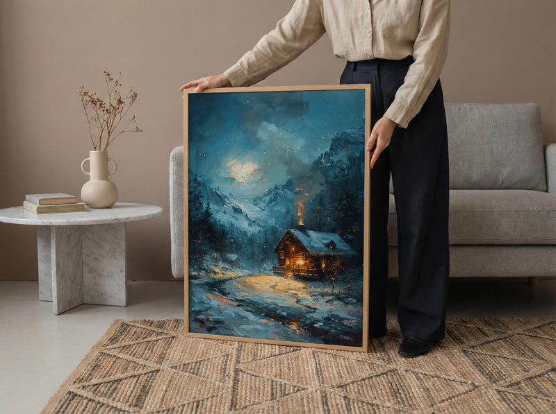 Winter Cabin Art, Switzerland Landscape, Snowy Mountain Print, Impasto Oil Painting, Cozy Home Decor, Christmas Gift, Chalet