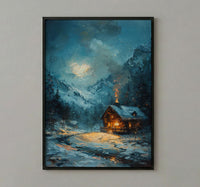 Winter Cabin Art, Switzerland Landscape, Snowy Mountain Print, Impasto Oil Painting, Cozy Home Decor, Christmas Gift, Chalet