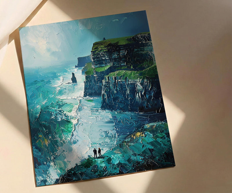 Ireland Wall Art, Cliffs of Moher Print, Nature Landscape, Impasto Oil Painting, Green Wall Decor, Wild Ocean, Travel Gift