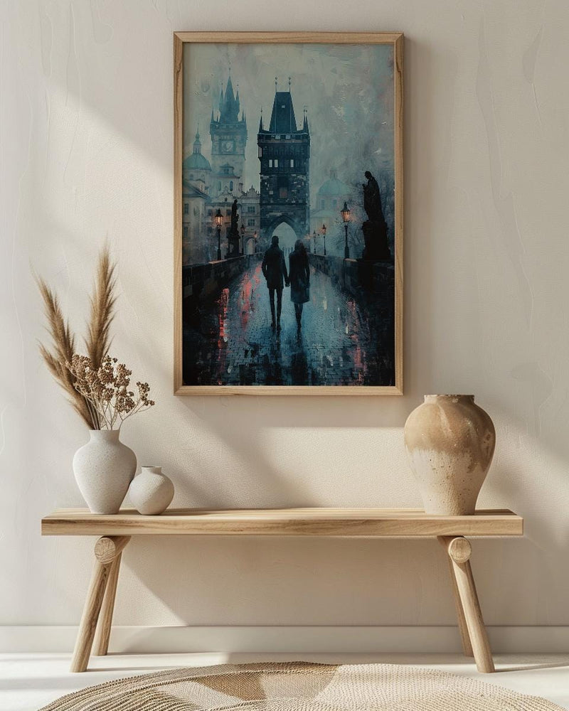Prague Wall Art, Charles Bridge Print, Gothic Decor, Impasto Oil Painting, Foggy Morning, Moody Landscape, Dark Academia