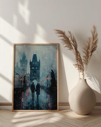 Prague Wall Art, Charles Bridge Print, Gothic Decor, Impasto Oil Painting, Foggy Morning, Moody Landscape, Dark Academia