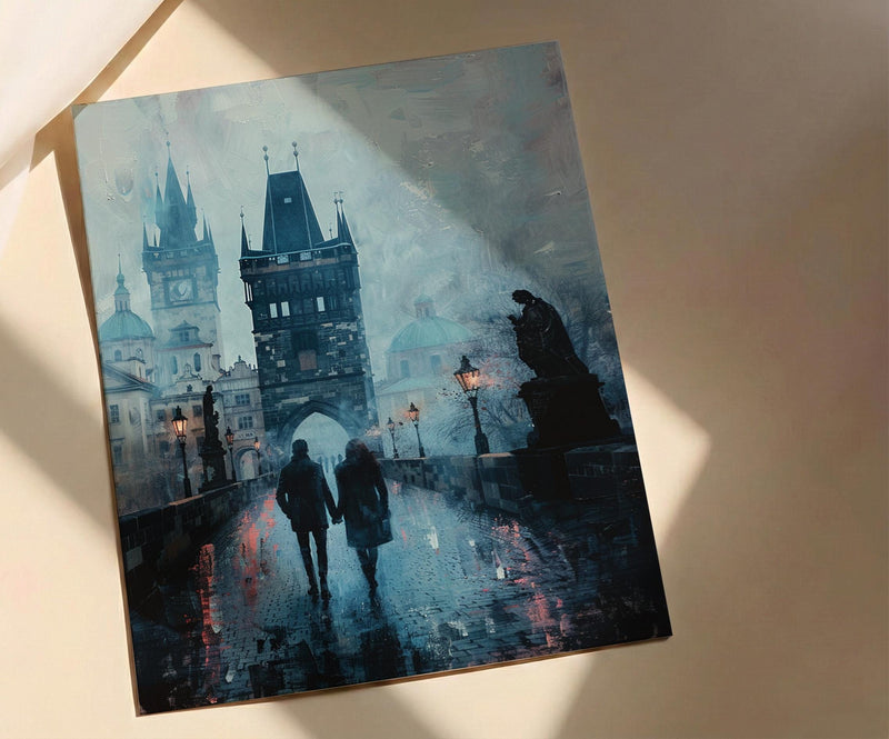 Prague Wall Art, Charles Bridge Print, Gothic Decor, Impasto Oil Painting, Foggy Morning, Moody Landscape, Dark Academia