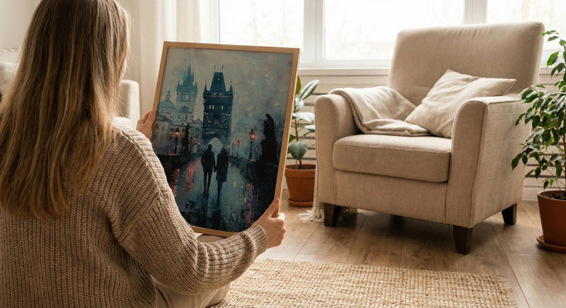 Prague Wall Art, Charles Bridge Print, Gothic Decor, Impasto Oil Painting, Foggy Morning, Moody Landscape, Dark Academia