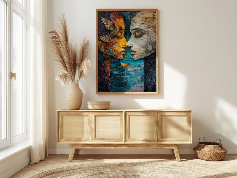 Soulmate Gift, Two of Cups Tarot Print, Impasto Art, Wedding Gift, Twin Flame Connection, Abstract Couple Drinking, Love Art
