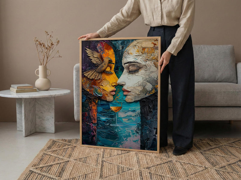 Soulmate Gift, Two of Cups Tarot Print, Impasto Art, Wedding Gift, Twin Flame Connection, Abstract Couple Drinking, Love Art