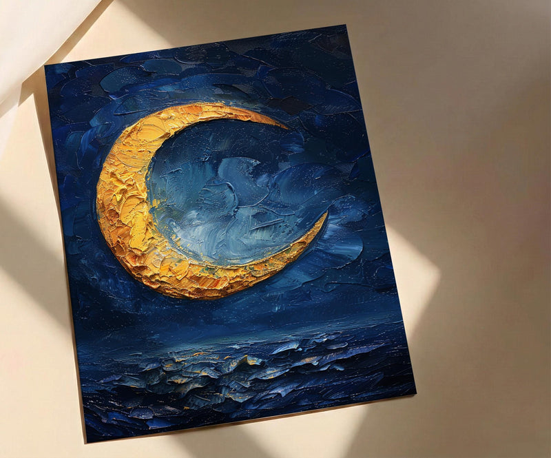 The Moon Tarot Print, Mystic Wall Decor, Dark Academia Art, Impasto Oil Painting, Midnight Blue Poster, Intuition Gift, Witchy Art