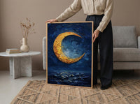 The Moon Tarot Print, Mystic Wall Decor, Dark Academia Art, Impasto Oil Painting, Midnight Blue Poster, Intuition Gift, Witchy Art
