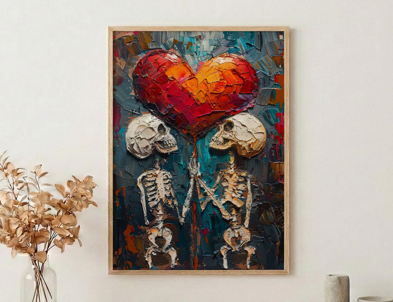 Gothic Anniversary Gift, Skull Couple Art, Till Death Do Us Part, Impasto Oil Painting, Dark Romantic Decor, Skeleton Love, Emo Gift