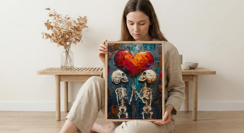 Gothic Anniversary Gift, Skull Couple Art, Till Death Do Us Part, Impasto Oil Painting, Dark Romantic Decor, Skeleton Love, Emo Gift