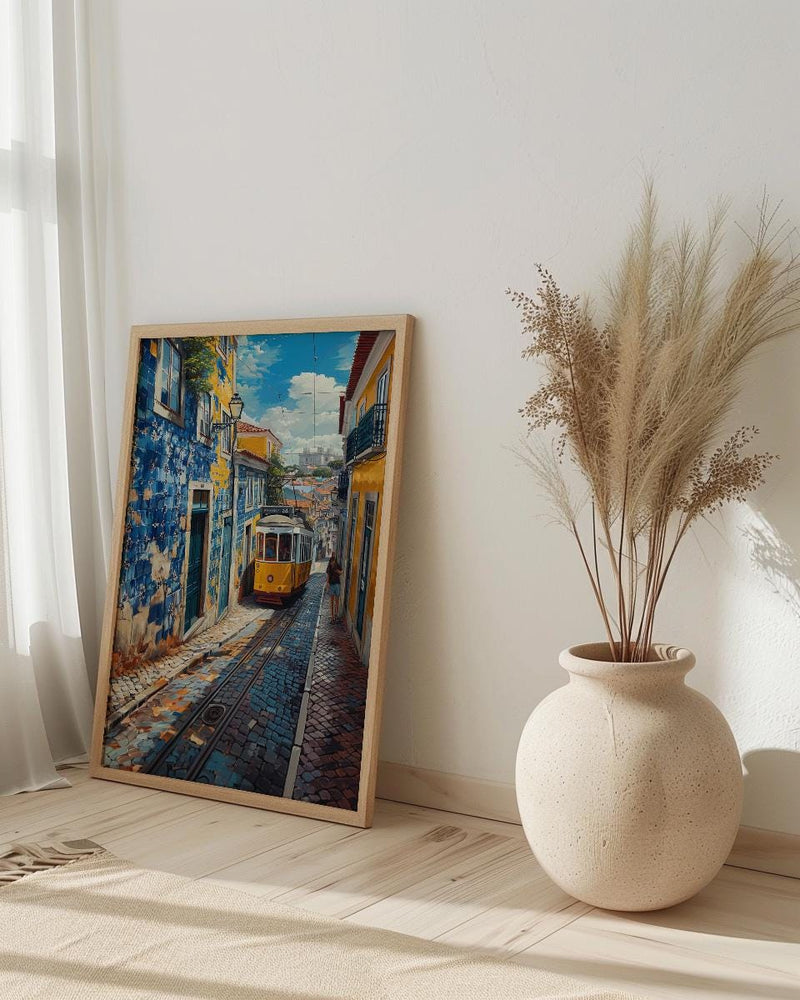 Lisbon Wall Art, Yellow Tram 28 Print, Portugal Decor, Impasto Oil Painting, Azulejo Tile, Cityscape Art, Cheerful Gift