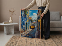 Lisbon Wall Art, Yellow Tram 28 Print, Portugal Decor, Impasto Oil Painting, Azulejo Tile, Cityscape Art, Cheerful Gift