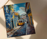 Lisbon Wall Art, Yellow Tram 28 Print, Portugal Decor, Impasto Oil Painting, Azulejo Tile, Cityscape Art, Cheerful Gift