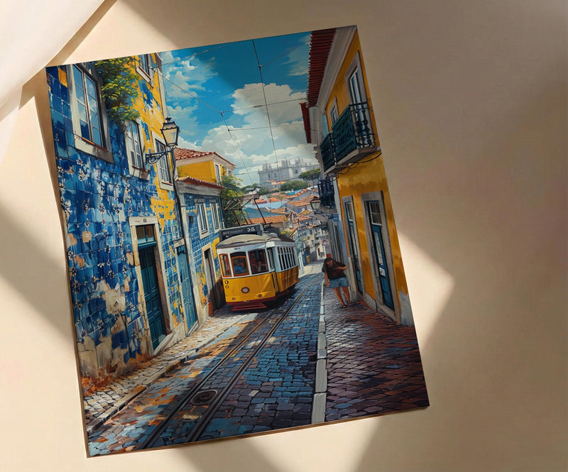 Lisbon Wall Art, Yellow Tram 28 Print, Portugal Decor, Impasto Oil Painting, Azulejo Tile, Cityscape Art, Cheerful Gift