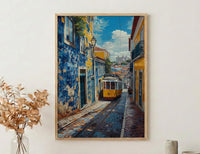 Lisbon Wall Art, Yellow Tram 28 Print, Portugal Decor, Impasto Oil Painting, Azulejo Tile, Cityscape Art, Cheerful Gift