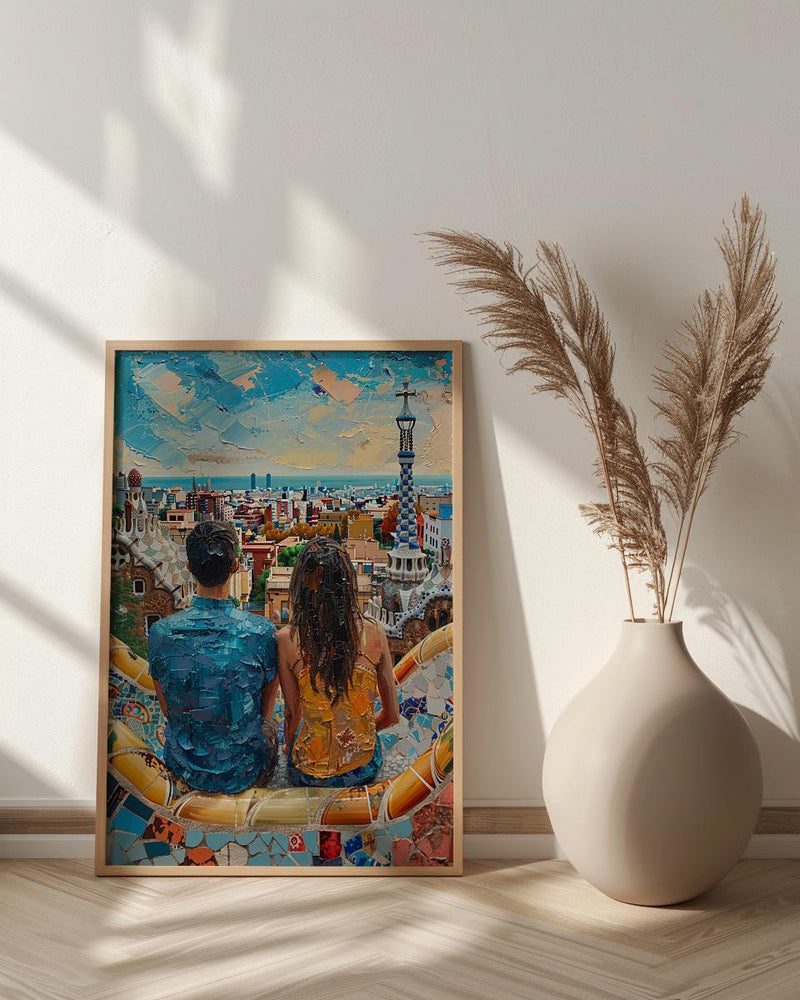 Barcelona Wall Art, Park Guell Print, Gaudi Mosaic, Impasto Oil Painting, Spain Travel Decor, Colorful Art, Artistic Gift