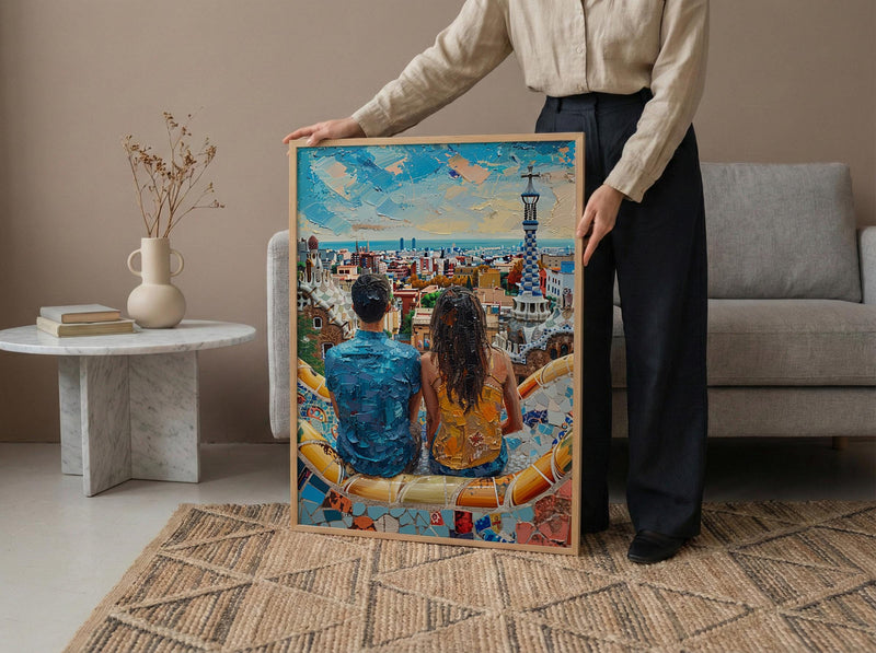 Barcelona Wall Art, Park Guell Print, Gaudi Mosaic, Impasto Oil Painting, Spain Travel Decor, Colorful Art, Artistic Gift