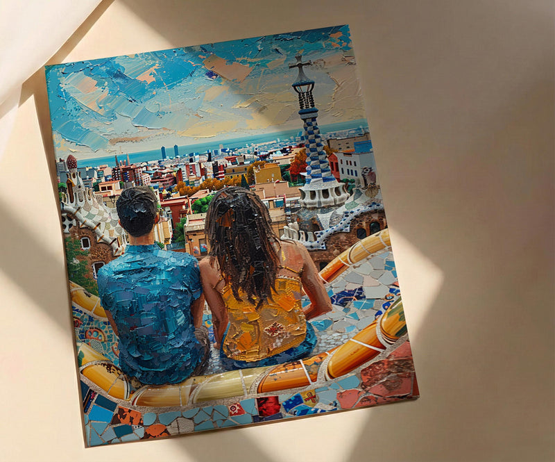 Barcelona Wall Art, Park Guell Print, Gaudi Mosaic, Impasto Oil Painting, Spain Travel Decor, Colorful Art, Artistic Gift
