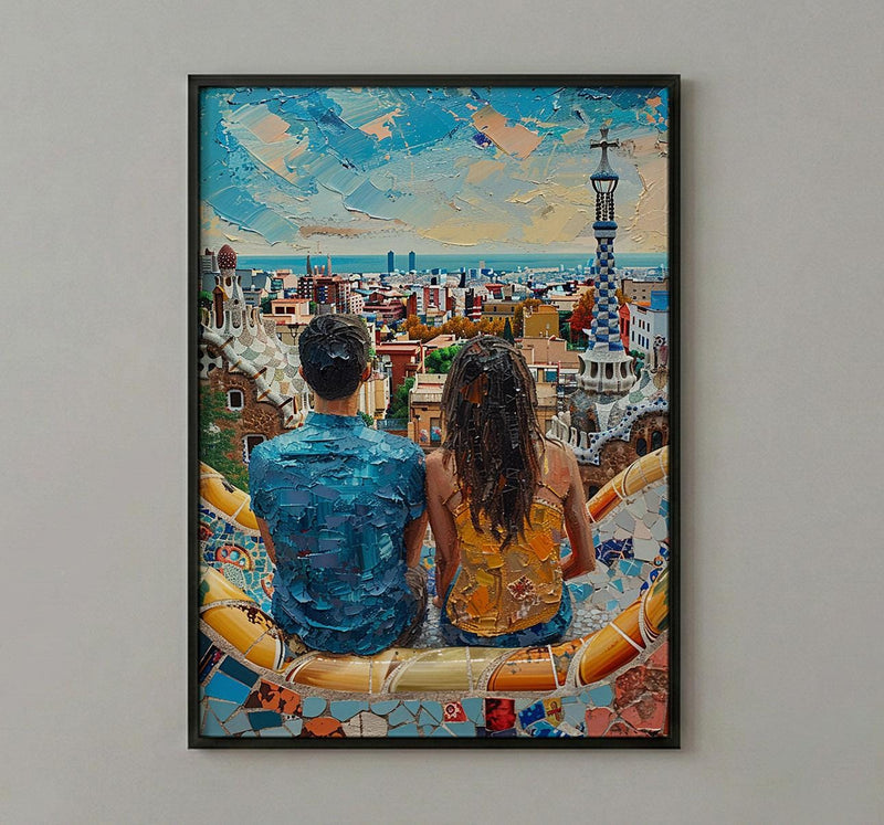 Barcelona Wall Art, Park Guell Print, Gaudi Mosaic, Impasto Oil Painting, Spain Travel Decor, Colorful Art, Artistic Gift