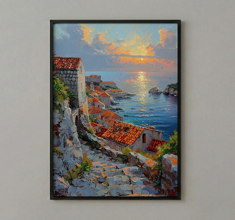 Dubrovnik Wall Art, Croatia Travel Print, Old Town Decor, Impasto Oil Painting, Terracotta Rooftops, Game of Thrones Vibe, Sea
