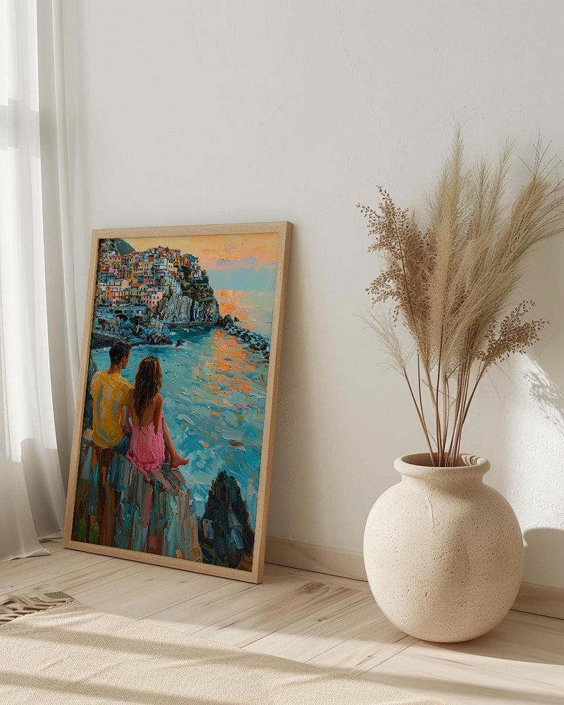 Cinque Terre Wall Art, Italy Coast Print, Colorful Houses, Impasto Oil Painting, Manarola Sunset, Summer Romance, Travel Gift