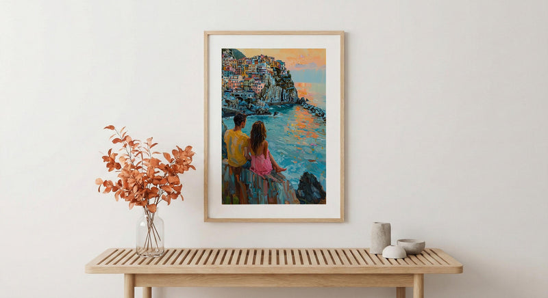 Cinque Terre Wall Art, Italy Coast Print, Colorful Houses, Impasto Oil Painting, Manarola Sunset, Summer Romance, Travel Gift