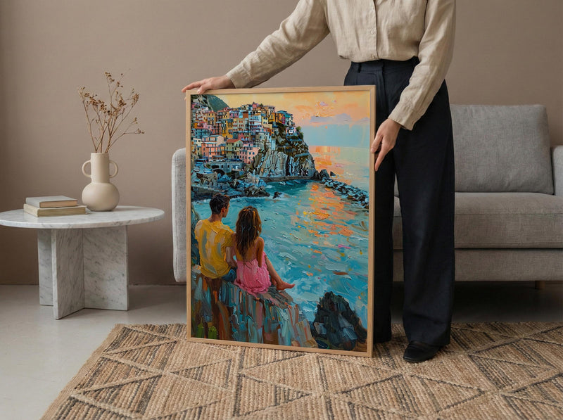 Cinque Terre Wall Art, Italy Coast Print, Colorful Houses, Impasto Oil Painting, Manarola Sunset, Summer Romance, Travel Gift