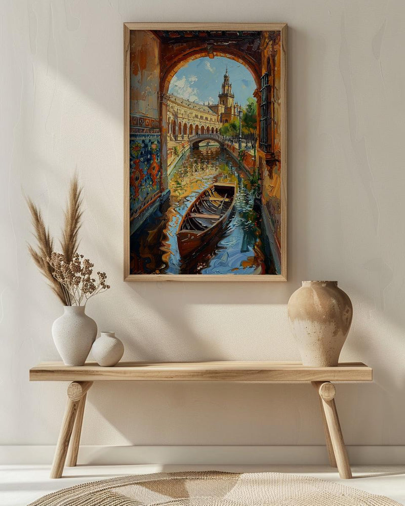 Seville Wall Art, Plaza de Espana Print, Spain Travel Poster, Impasto Oil Painting, Romantic Boat Ride, Andalusian Decor, Gold