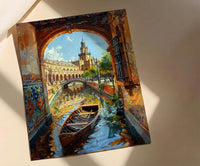 Seville Wall Art, Plaza de Espana Print, Spain Travel Poster, Impasto Oil Painting, Romantic Boat Ride, Andalusian Decor, Gold
