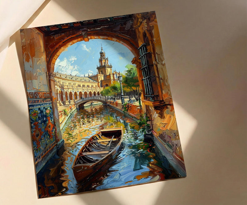 Seville Wall Art, Plaza de Espana Print, Spain Travel Poster, Impasto Oil Painting, Romantic Boat Ride, Andalusian Decor, Gold
