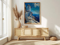 Mykonos Wall Art, Greek Island Print, Windmill Decor, Impasto Oil Painting, Blue and White, Minimalist Travel Art, Aegean, Engagement Gift