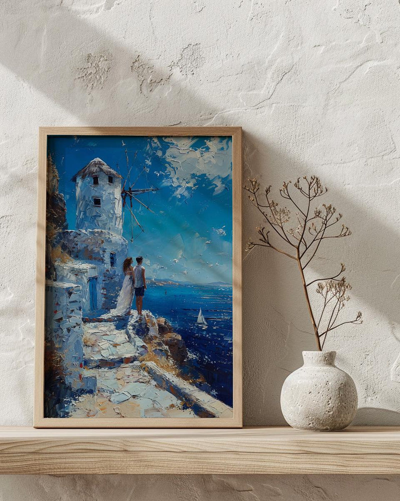 Mykonos Wall Art, Greek Island Print, Windmill Decor, Impasto Oil Painting, Blue and White, Minimalist Travel Art, Aegean, Engagement Gift